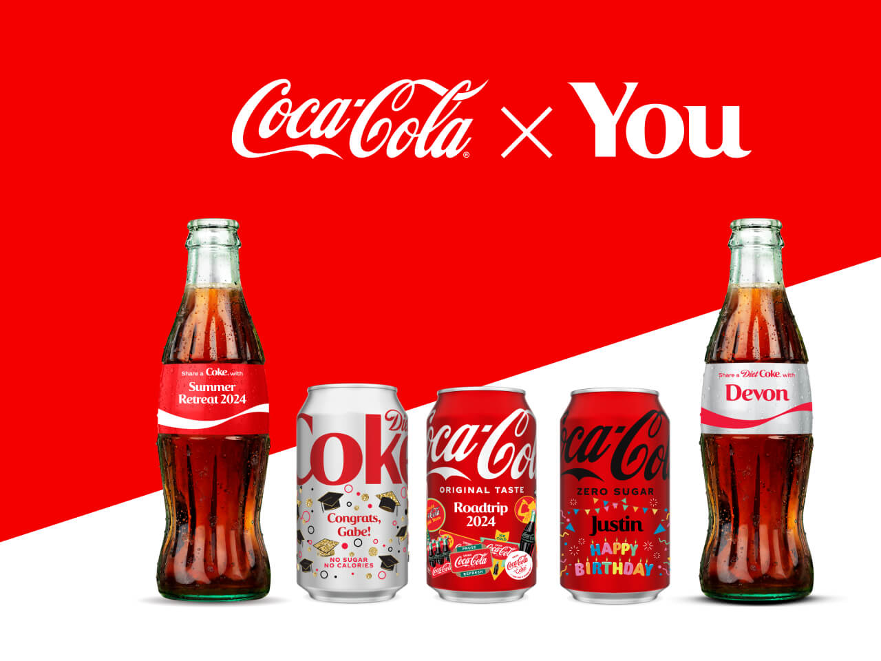 a line up of Coca-Cola cans and bottles cutomized for events including graduation, birthdays, and retreats