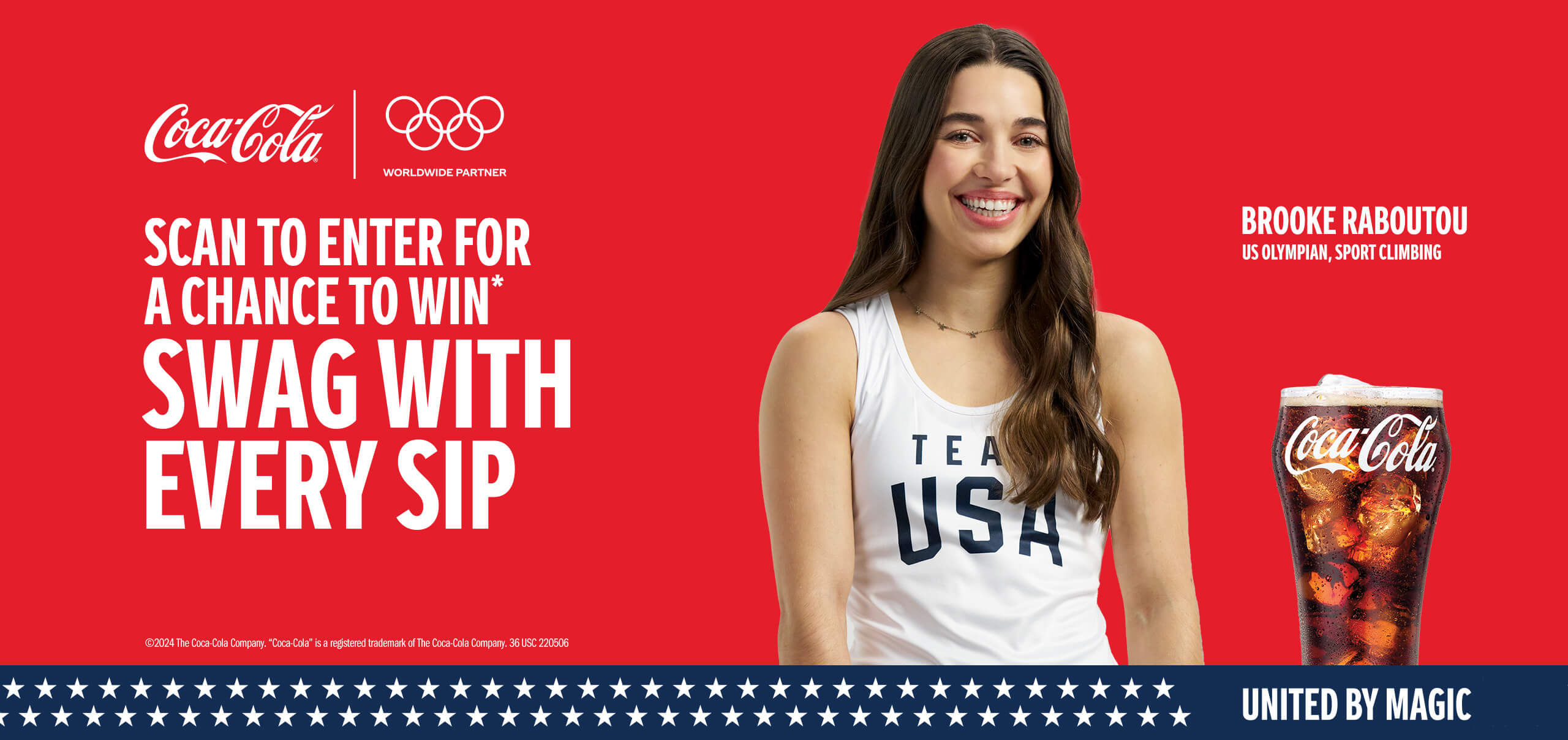 Scan to enter for a chance to win* swag with every sip. Brooke Raboutou, US olympian, Sport climbing.