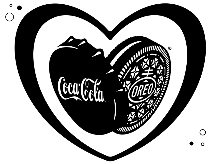 Coca-cola bottle cap and OREO cookie together inside of a heart