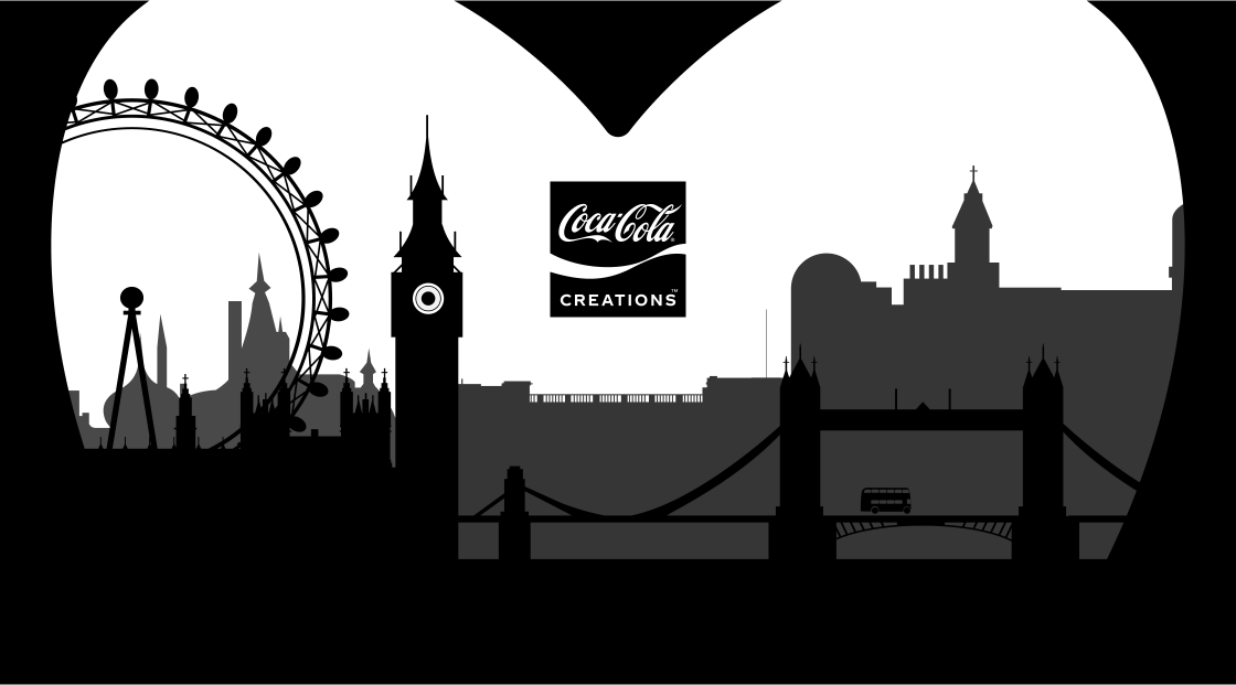 Silhouettes of London landmarks background the Coca-Cola Creations X OREO logo