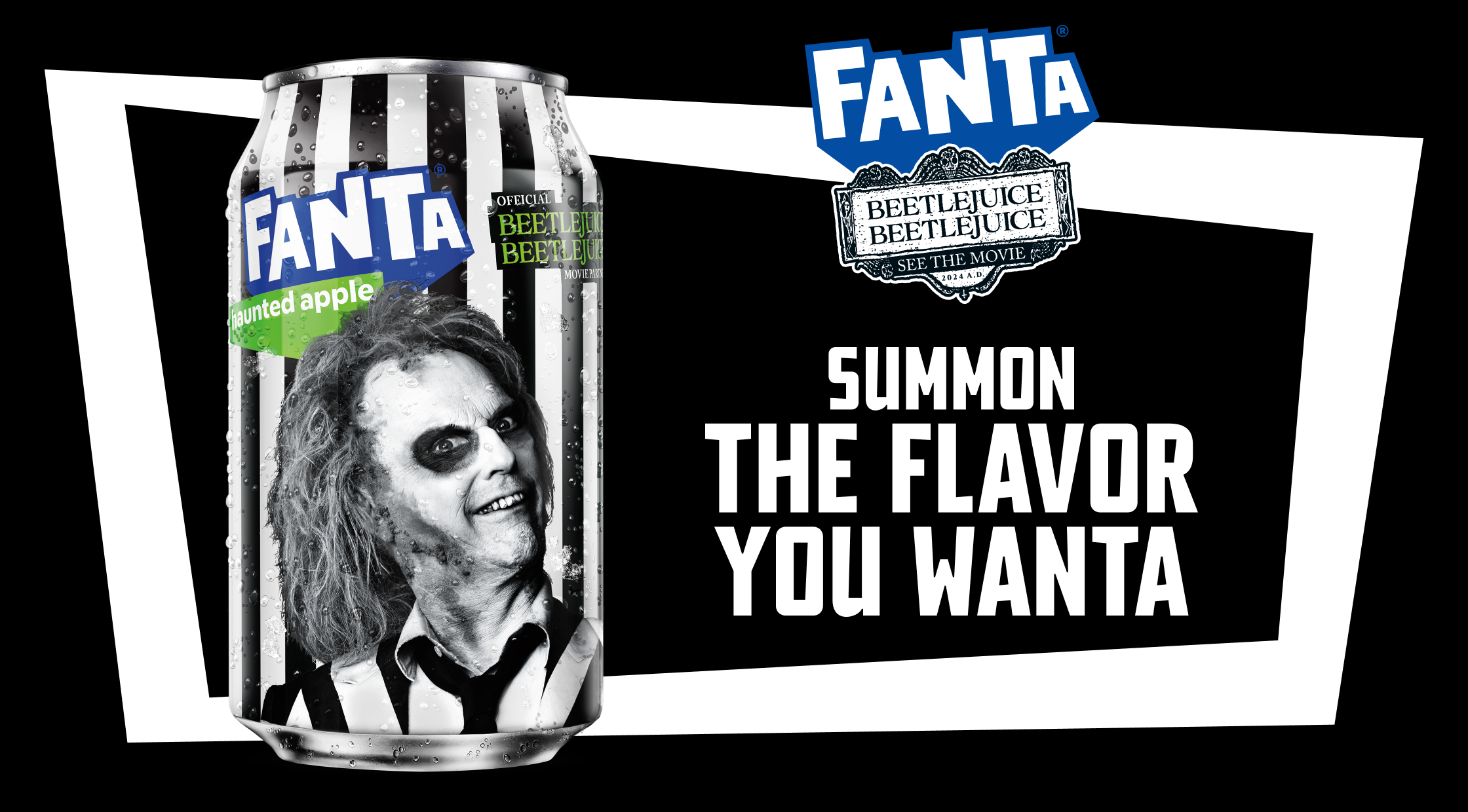 Green apple flavored fanta can with beetlejuice character. Summon the flavor you wanta