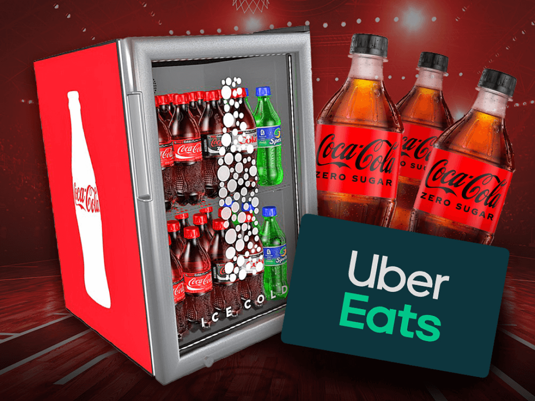 Uber Eats gift card and mini fridge with Coca-Cola products