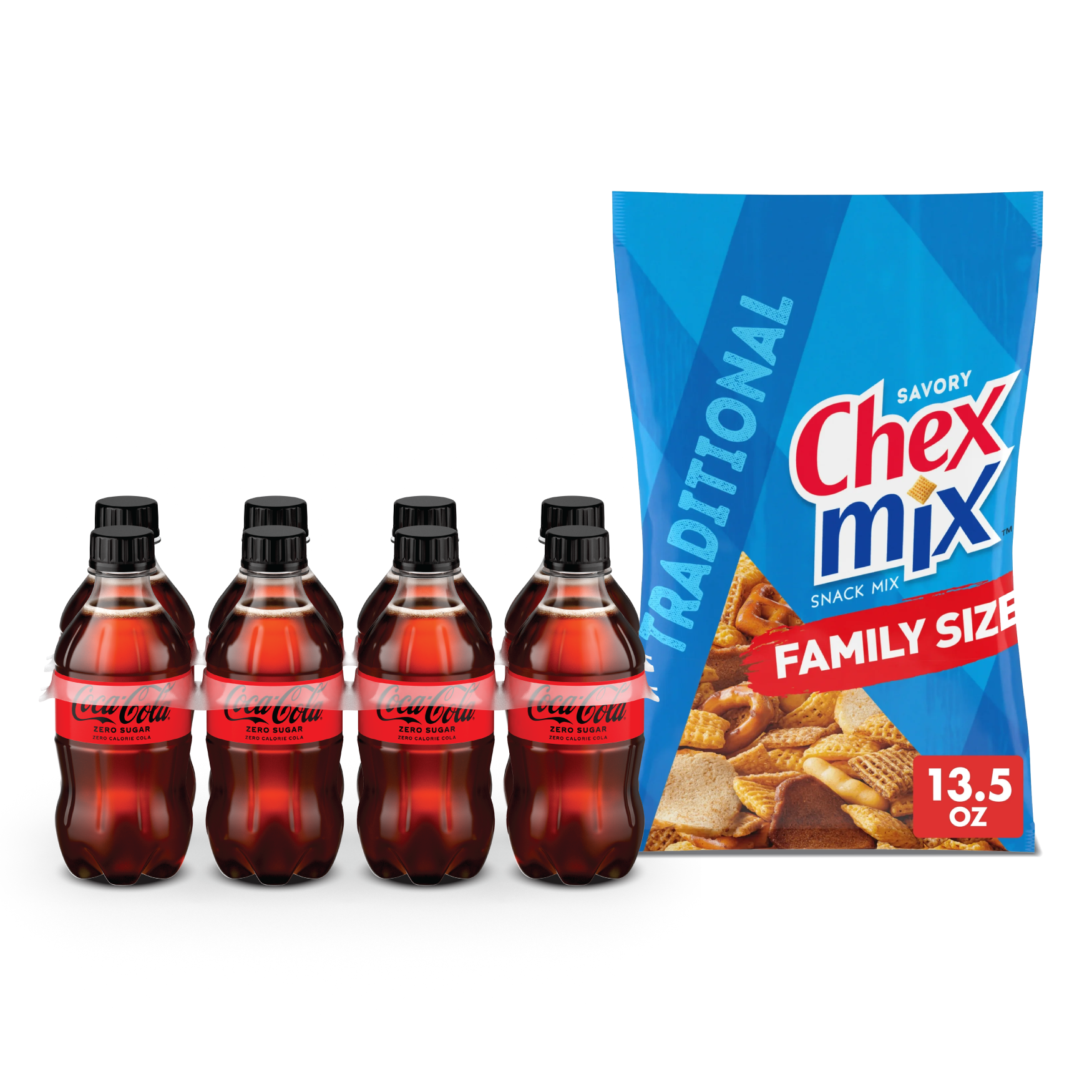 one Coca-Cola 12oz 8pk product and one Chex Mix 13.5oz