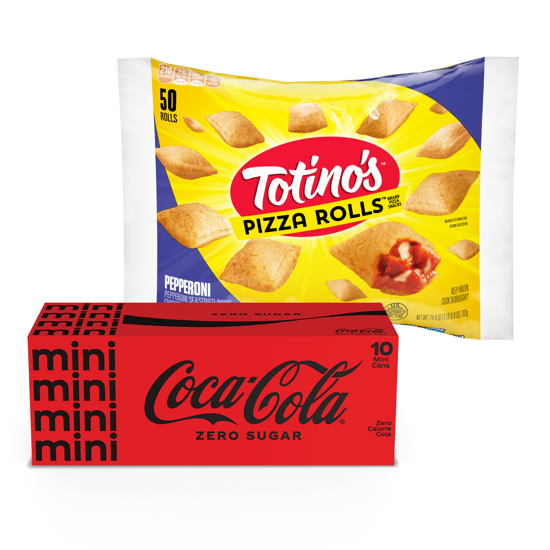 one Coca-Cola 10pk mini cans and one Totino’s® 50ct Pizza Rolls