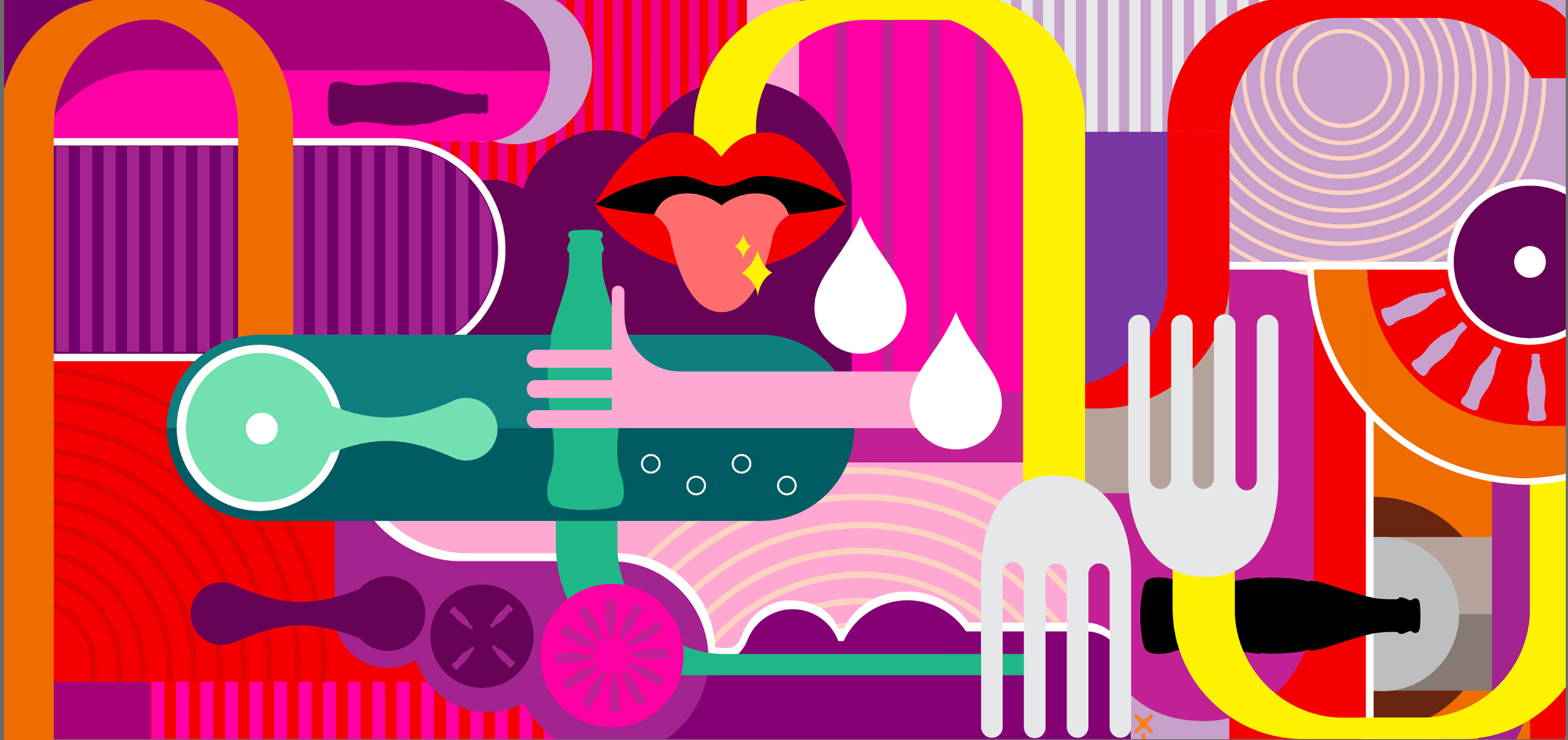 decorative colorful image with lips and forks