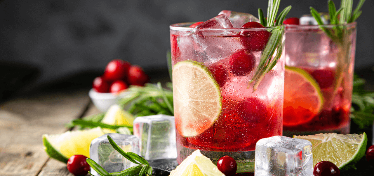 two red drinks with cranberries and garnishes