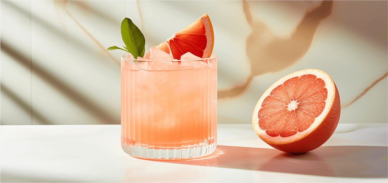 a peach colored drink with garnish and grapefruit