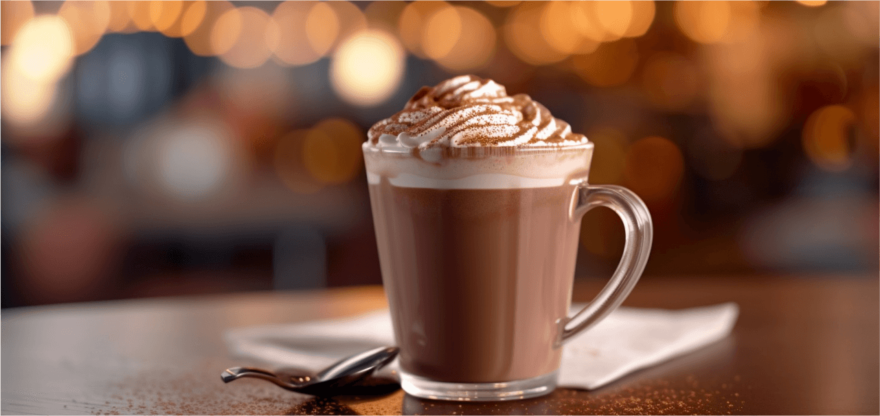 hot chocolate with whipped cream and a spoon