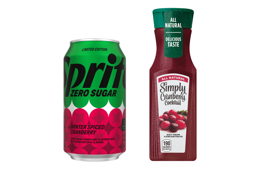 can of sprite winter spiced cranberry and bottle of simply cranberry cocktail