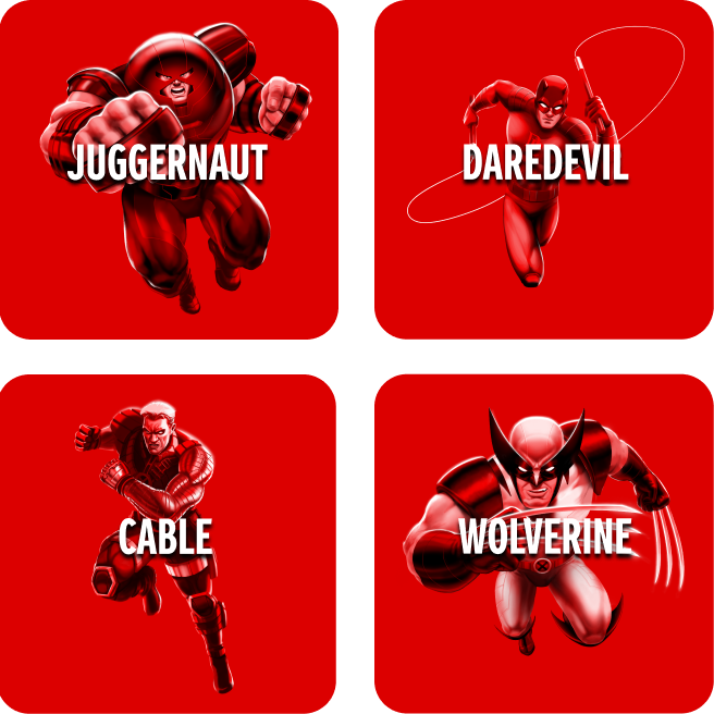 Mosaico de cuatro cuadrados rojos con personajes de Marvel en su interior: Juggernaut, Daredevil, Cable y Wolverine.