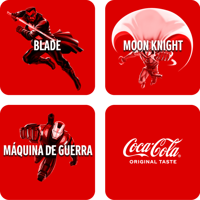 Mosaico de cuatro cuadrados rojos con personajes de Marvel en su interior: Blade, Moonknight y Máquina de Guerra. En el último cuadrado, en la esquina inferior derecha, está el logo de Coca-Cola y el texto “Original Taste”.