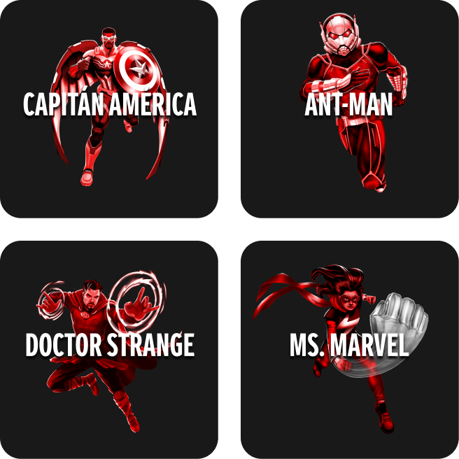 Mosaico de cuatro cuadrados negros con personajes de Marvel en su interior:  Capitán América, Ant-Man, Doctor Strange y Ms. Marvel.