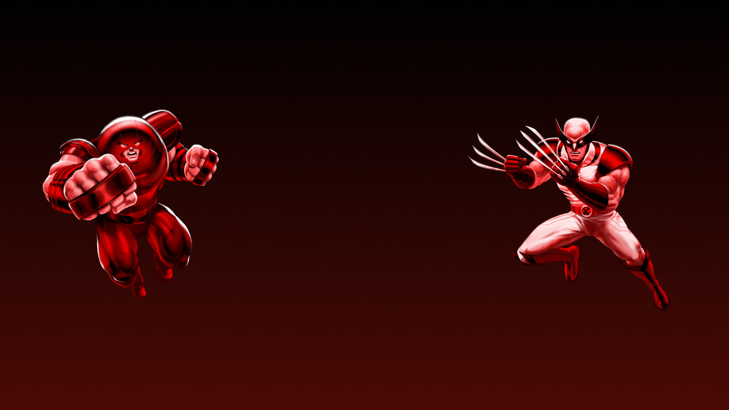 : Juggernaut y Wolverine saltando hacia el frente en posición de ataque sobre en un fondo rojo oscuro.